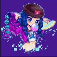 a girl with blue hair and a hat is blowing a pink bubble .