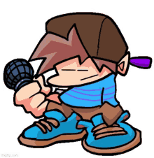 a cartoon of a boy holding a microphone with his eyes closed .