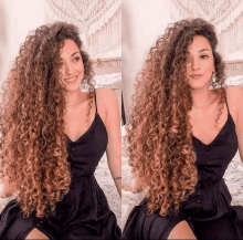 a woman with long curly hair is wearing a black dress and smiling .