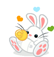 a cartoon bunny with a coin in its mouth and hearts around it