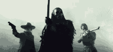 a man with a skull on his face is holding a spear and a gun