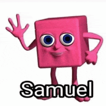 a pink cube with blue eyes and arms and legs is waving .