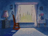 a cartoon drawing of a room with a rocking chair and an open window