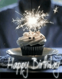 a cupcake with a sparkler on top of it and the words `` happy birthday '' .