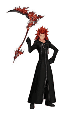 a cartoon character with red hair is holding a scythe .