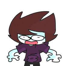 a cartoon drawing of a person with a purple shirt