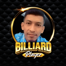 a billiard player logo with a man 's face in the center