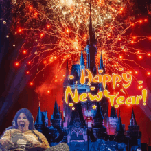 a woman screams in front of a disney castle with fireworks and the words happy new year