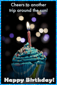 a birthday card with a blue cupcake and the words cheers to another trip around the sun happy birthday