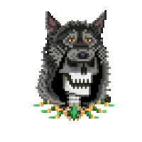 a pixel art of a wolf with a skull on his head