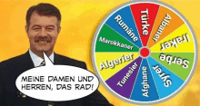 a man is standing in front of a colorful spinning wheel that says " meine damen und herren das rad "