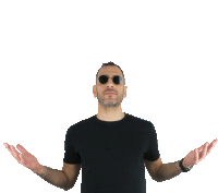 a man wearing sunglasses and a black shirt spreads his arms out