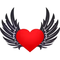 a red heart with black wings around it on a white background