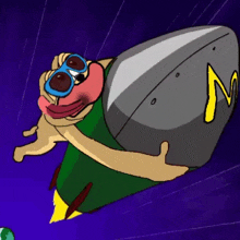 a pug wearing goggles is flying through the air with a rocket with the letter n on it