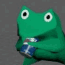 a green frog is holding a can of pepsi in its hands .