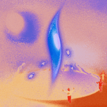 a painting of a person standing in front of a giant blue eye