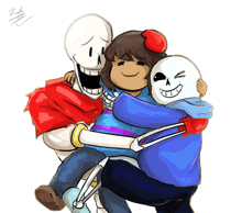 a drawing of three skeletons hugging a girl with a red heart on her head