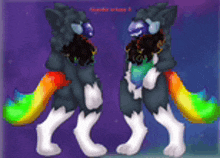 a pixel art drawing of a furry animal with a rainbow tail