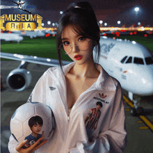 a woman holding a soccer ball in front of an airplane with the words museum rita on the bottom