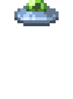 a pixel art of a flying saucer with a green object on top of it .