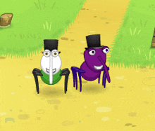 two cartoon ants wearing top hats are standing next to each other on a path