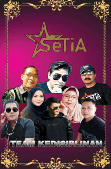 a group of people standing in front of a purple background that says ' setia team kedisiplinan ' on it