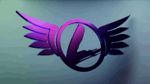 a purple and purple logo with wings on it