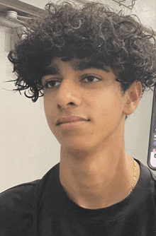 a young man with curly hair and a gold chain around his neck