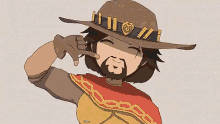 a cartoon of a man with a beard wearing a cowboy hat and giving the thumbs down sign .