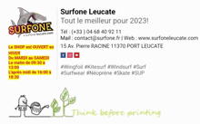 a sign for surfone leucate shows a shark and a watering can