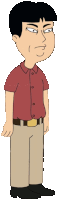 a man in a red shirt and khaki pants is standing with his hands on his hips