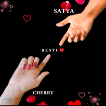 a couple 's hands reaching out towards each other with the words satya besti cherry written on the bottom