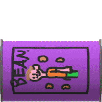 a cartoon of a man laying on a purple blanket with the word bean written on it