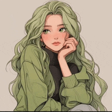 a drawing of a girl with green hair wearing a green turtleneck sweater .