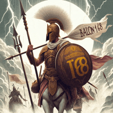 a painting of a man holding a spear and a shield with the number 18 on it