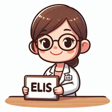 a cartoon illustration of a woman holding a sign that says elis