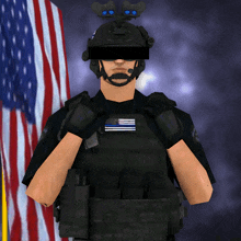 a police officer wearing a helmet and sunglasses stands in front of a flag