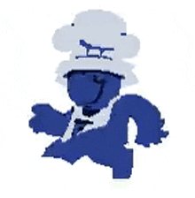 a blue man is wearing a white hat and tie .