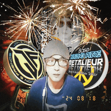 a man wearing glasses and a beanie stands in front of fireworks and a sign that says boso