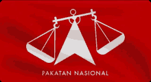 a red background with a white scale and the words " pakaian nasional " below it