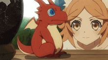 a girl and a red dragon with blue eyes