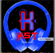 a pair of blue headphones with red letters that say kst