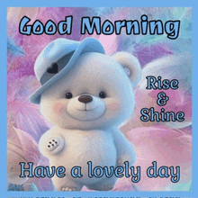 a teddy bear wearing a blue hat says good morning rise & shine