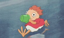 a cartoon character with a green cup in its mouth