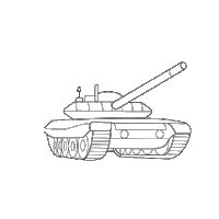 a black and white drawing of a tank on a white background .