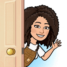 a cartoon woman with curly hair is peeking out from behind a door and waving .