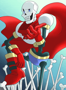 a cartoon drawing of a skeleton in a red cape