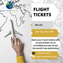 an advertisement for flight tickets shows a hand holding a plane