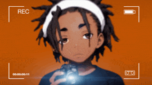 a boy with dreadlocks is holding a camera in front of a recording screen that says rec