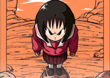 a cartoon drawing of a girl standing on a rock in the desert